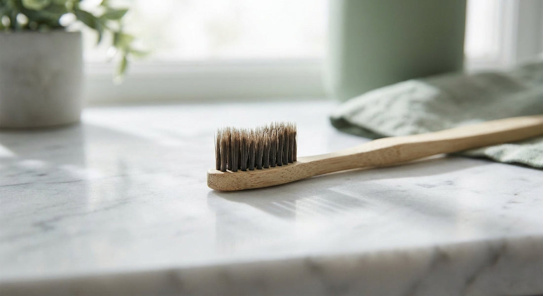 A single bamboo toothbrush photographed in close detail on a white marble surface under soft natural light, highlighting its bristles.