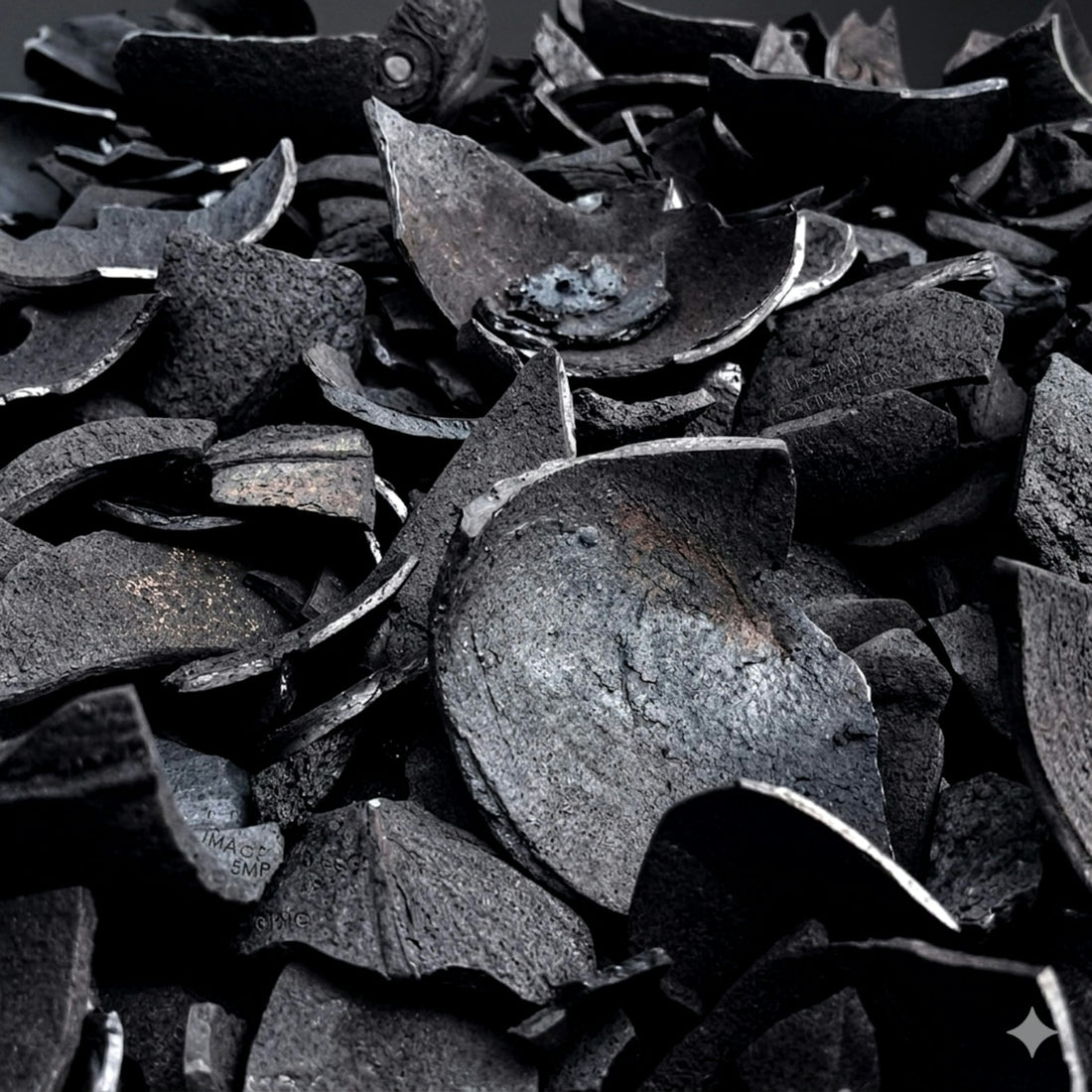 Dark, irregular pieces of coconut shell charcoal.