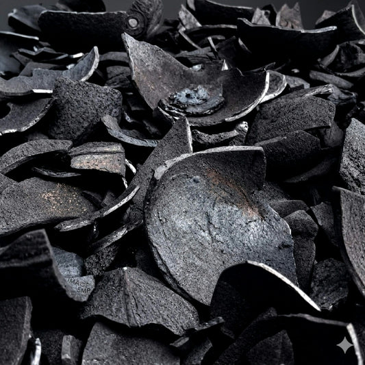 Dark, irregular pieces of coconut shell charcoal.