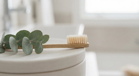 A close-up of a bamboo toothbrush with fine bristles resting on a white ceramic surface next to soft eucalyptus leaves in natural daylight.