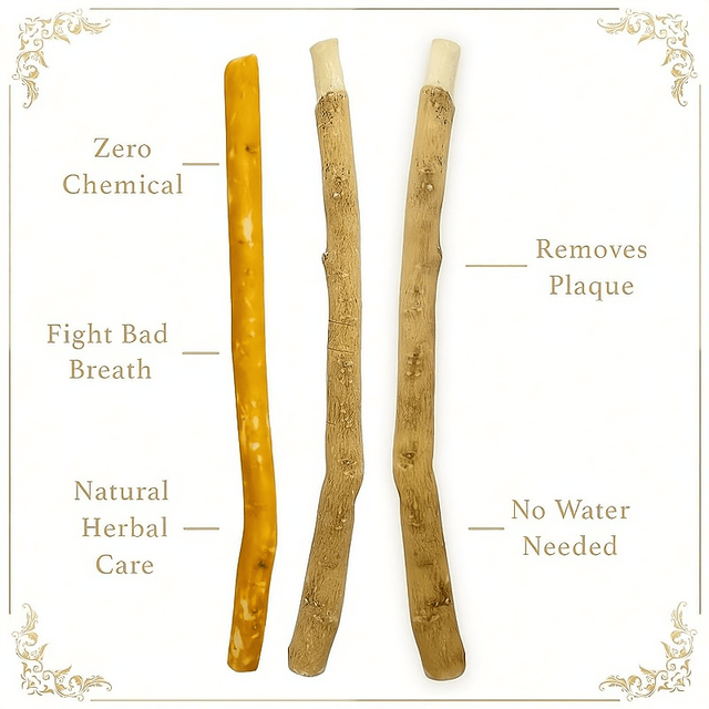 Natural herbal dental sticks in yellow and brown, no chemicals, fights bad breath, removes plaque.